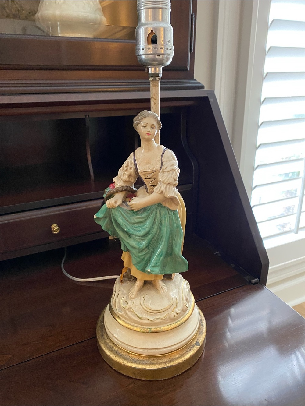 Borghese Chalkware Peasant Girl Figurine Table Lamp  • Green Dress • Vintage